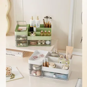 Makeup Organizers for Counter, 3 Drawers Plastic Cosmetic Storage for Vanity, Beauty Holder Countertop Organizer for Skincare Lipstick Brushes Eyeshadow Desktop (Green)