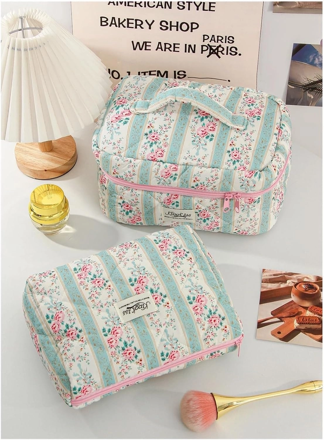 makeup bag 1pc/set green quilted makeup bag, ethnic floral, multifunctional portable(SML)