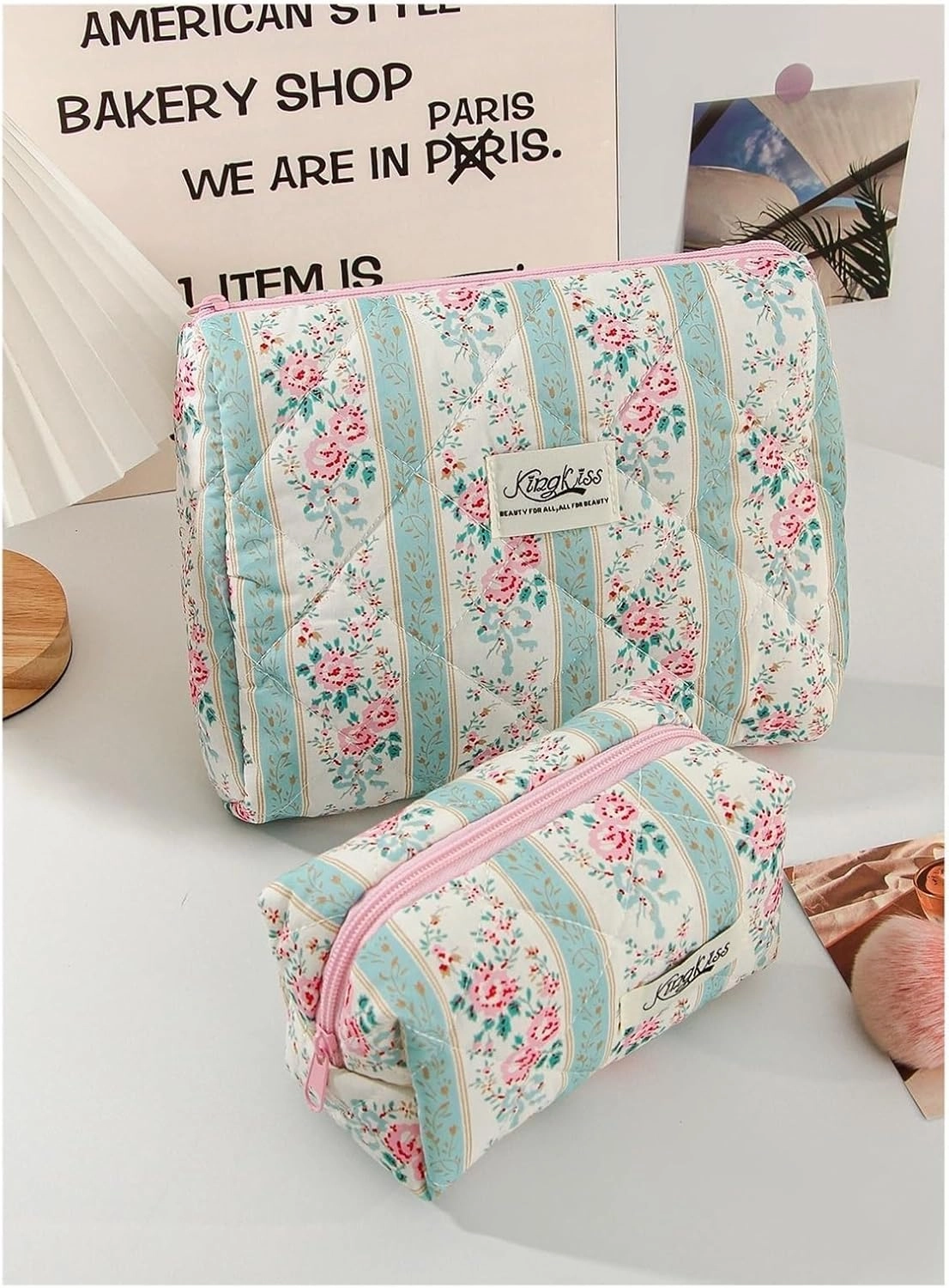 makeup bag 1pc/set green quilted makeup bag, ethnic floral, multifunctional portable(SML)