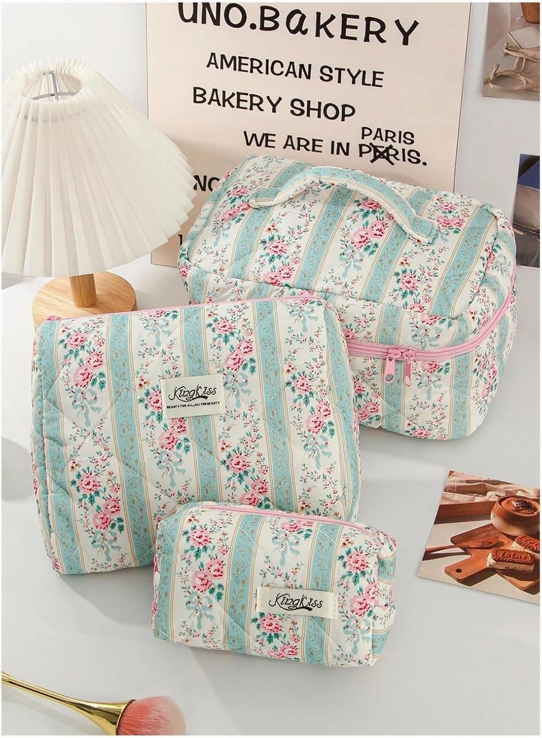 makeup bag 1pc/set green quilted makeup bag, ethnic floral, multifunctional portable(SML)