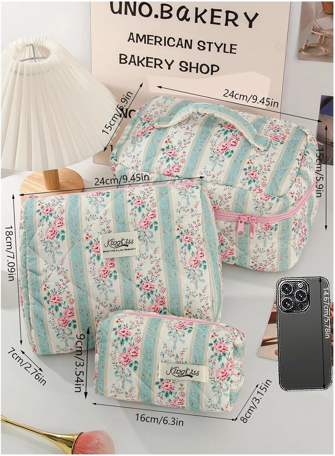 makeup bag 1pc/set green quilted makeup bag, ethnic floral, multifunctional portable(SML)