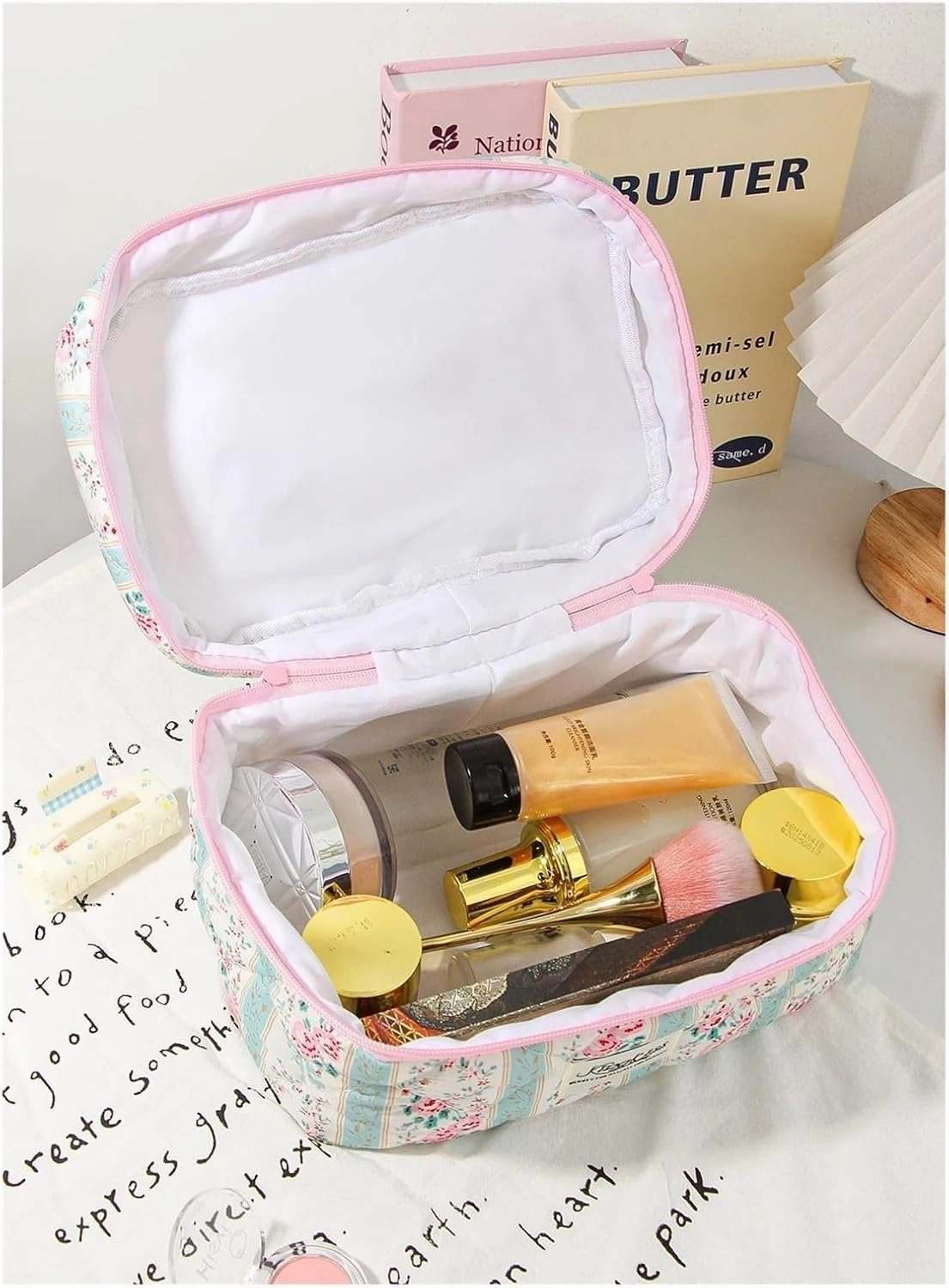 makeup bag 1pc/set green quilted makeup bag, ethnic floral, multifunctional portable(SML)