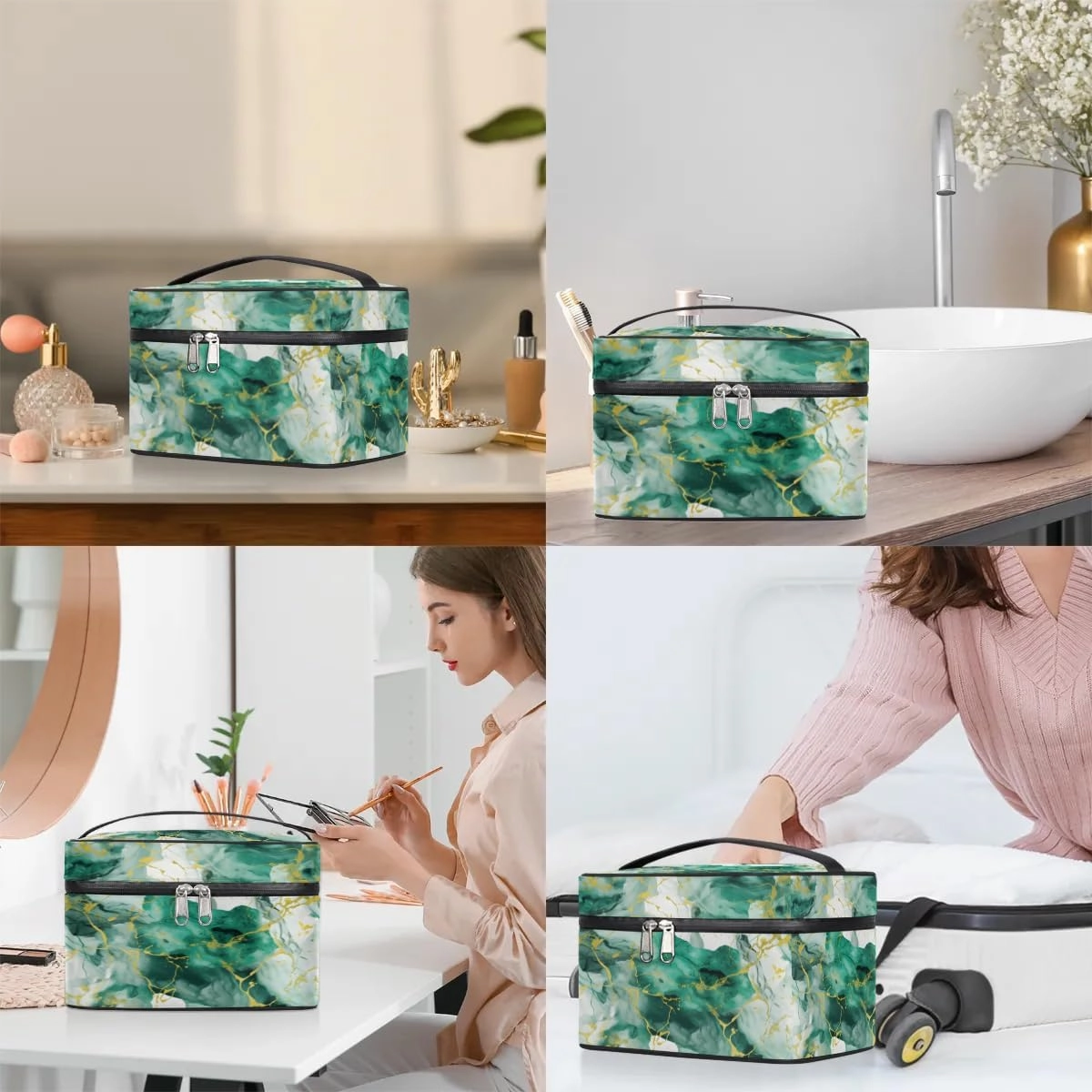 Makeup Bag Large Green Gold Marble Style Toiletry Bag for Women Travel Cosmetic Bag Portable Makeup Bag for Bottles Brushes Lipstick Skin Care