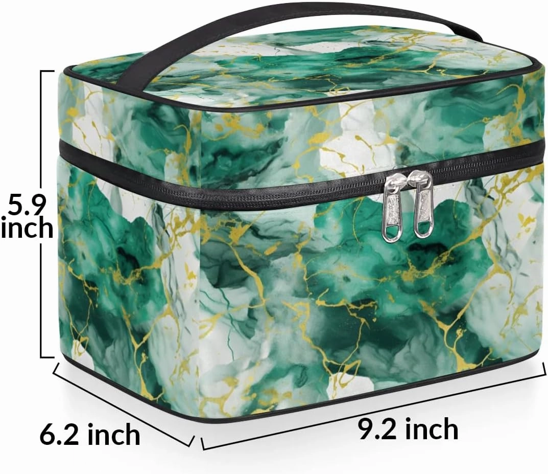 Makeup Bag Large Green Gold Marble Style Toiletry Bag for Women Travel Cosmetic Bag Portable Makeup Bag for Bottles Brushes Lipstick Skin Care