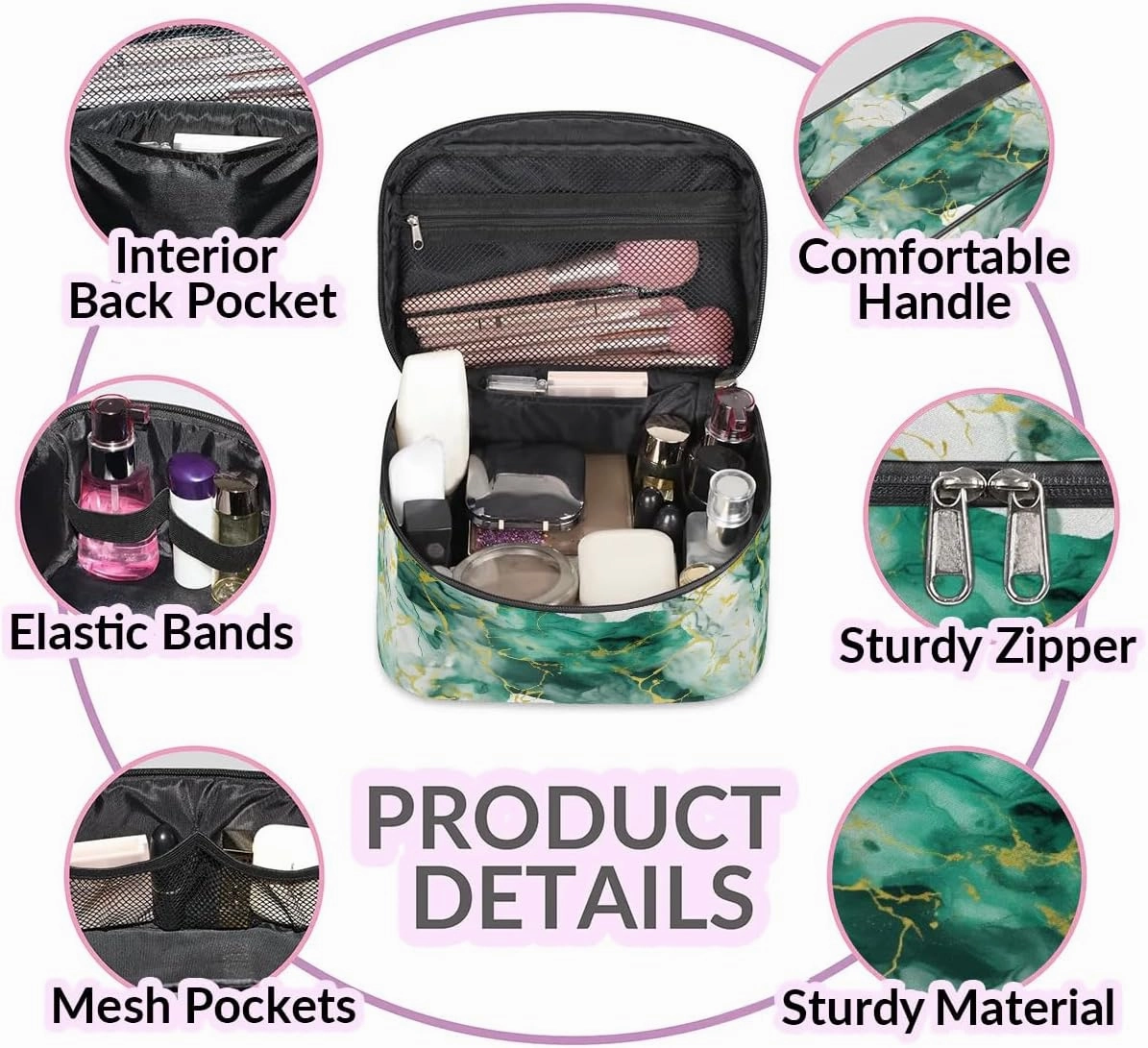 Makeup Bag Large Green Gold Marble Style Toiletry Bag for Women Travel Cosmetic Bag Portable Makeup Bag for Bottles Brushes Lipstick Skin Care
