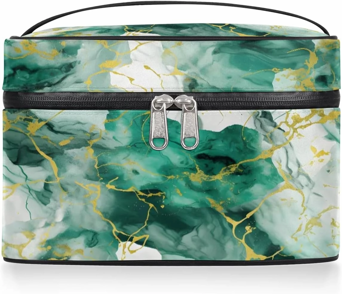 Makeup Bag Large Green Gold Marble Style Toiletry Bag for Women Travel Cosmetic Bag Portable Makeup Bag for Bottles Brushes Lipstick Skin Care