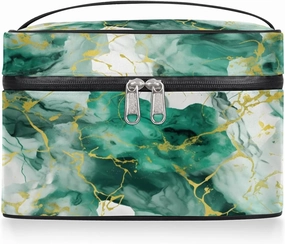 Makeup Bag Large Green Gold Marble Style Toiletry Bag for Women Travel Cosmetic Bag Portable Makeup Bag for Bottles Brushes Lipstick Skin Care