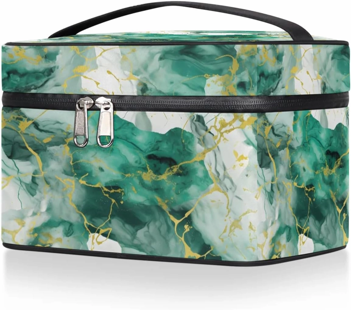 Makeup Bag Large Green Gold Marble Style Toiletry Bag for Women Travel Cosmetic Bag Portable Makeup Bag for Bottles Brushes Lipstick Skin Care