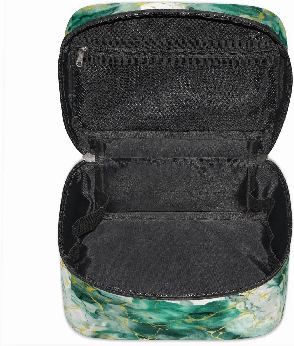 Makeup Bag Large Green Gold Marble Style Toiletry Bag for Women Travel Cosmetic Bag Portable Makeup Bag for Bottles Brushes Lipstick Skin Care