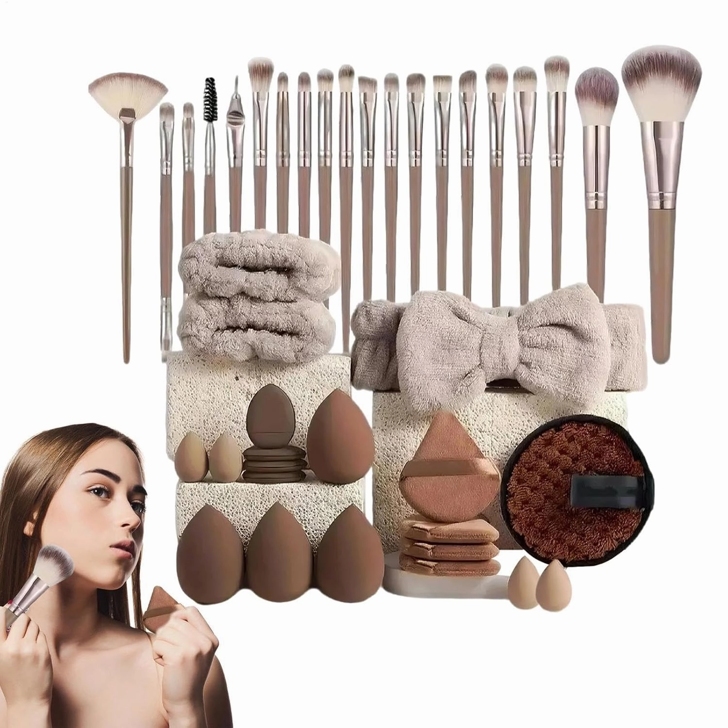 Makeup Brushes Set Labeled Tools,Foundation Brushes Tool Set Makeup Applicators with Headband | Portable Professional Makeup Brushes Makeup Tools Blush, Contour, Blending, Eyeshadow Khaki Brush kit
