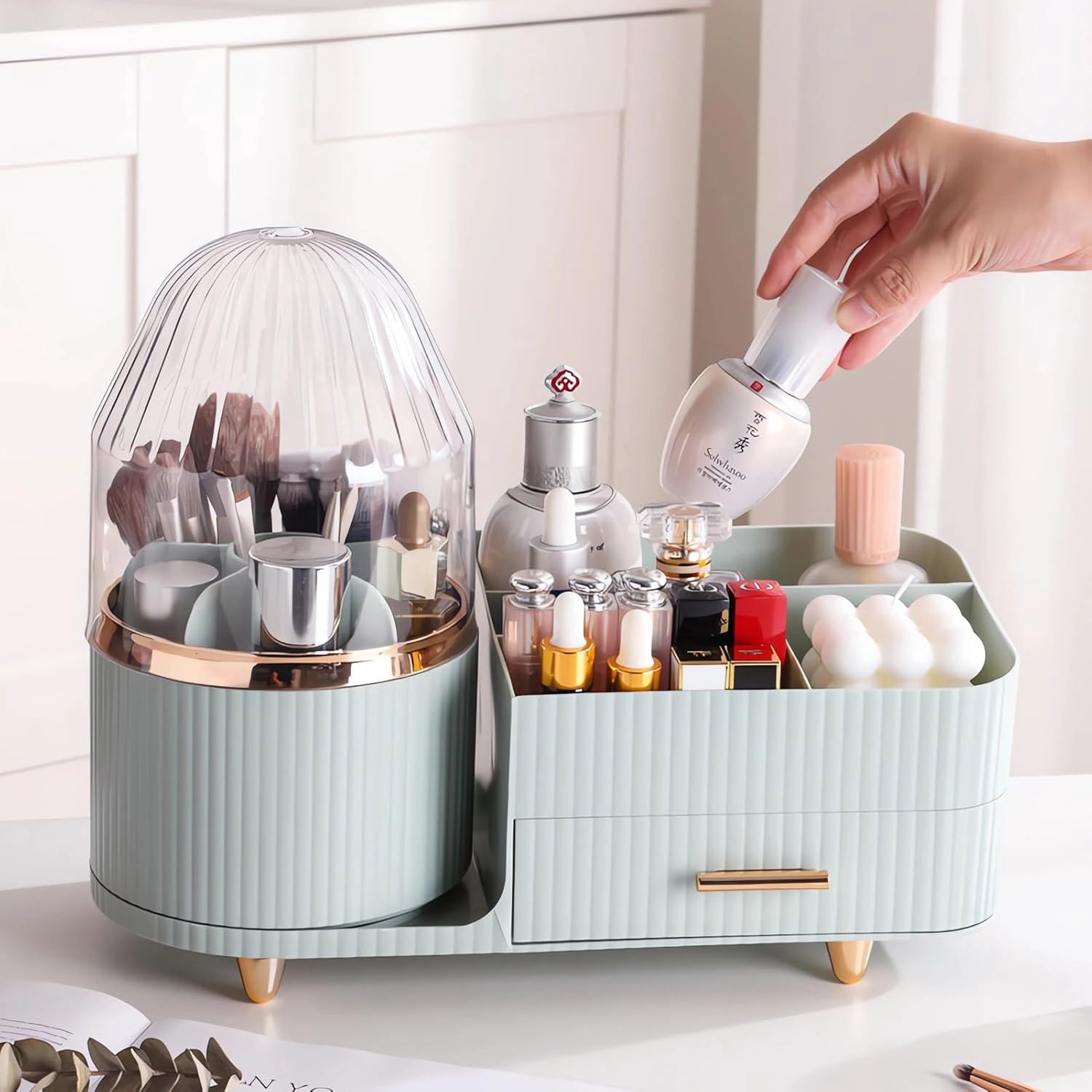 Makeup Organizer 360° Rotate Makeup Brush Holder with Drawer,Skincare Organizer,Makeup Organizer for Vanity, Bathroom Organizers for Brushes, Eyeshadow, Lipstick (Green)