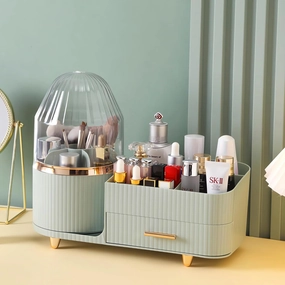 Makeup Organizer 360° Rotate Makeup Brush Holder with Drawer,Skincare Organizer,Makeup Organizer for Vanity, Bathroom Organizers for Brushes, Eyeshadow, Lipstick (Green)