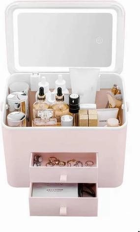 Makeup Organizer Box Portable Makeup Storage Organizer Box with Detachable LED Makeup Mirror，Cosmetics Storage Case with 2 Storage Drawers and Cover, for Bedroom Vanity Desk Dresser Cosmetic Organizer