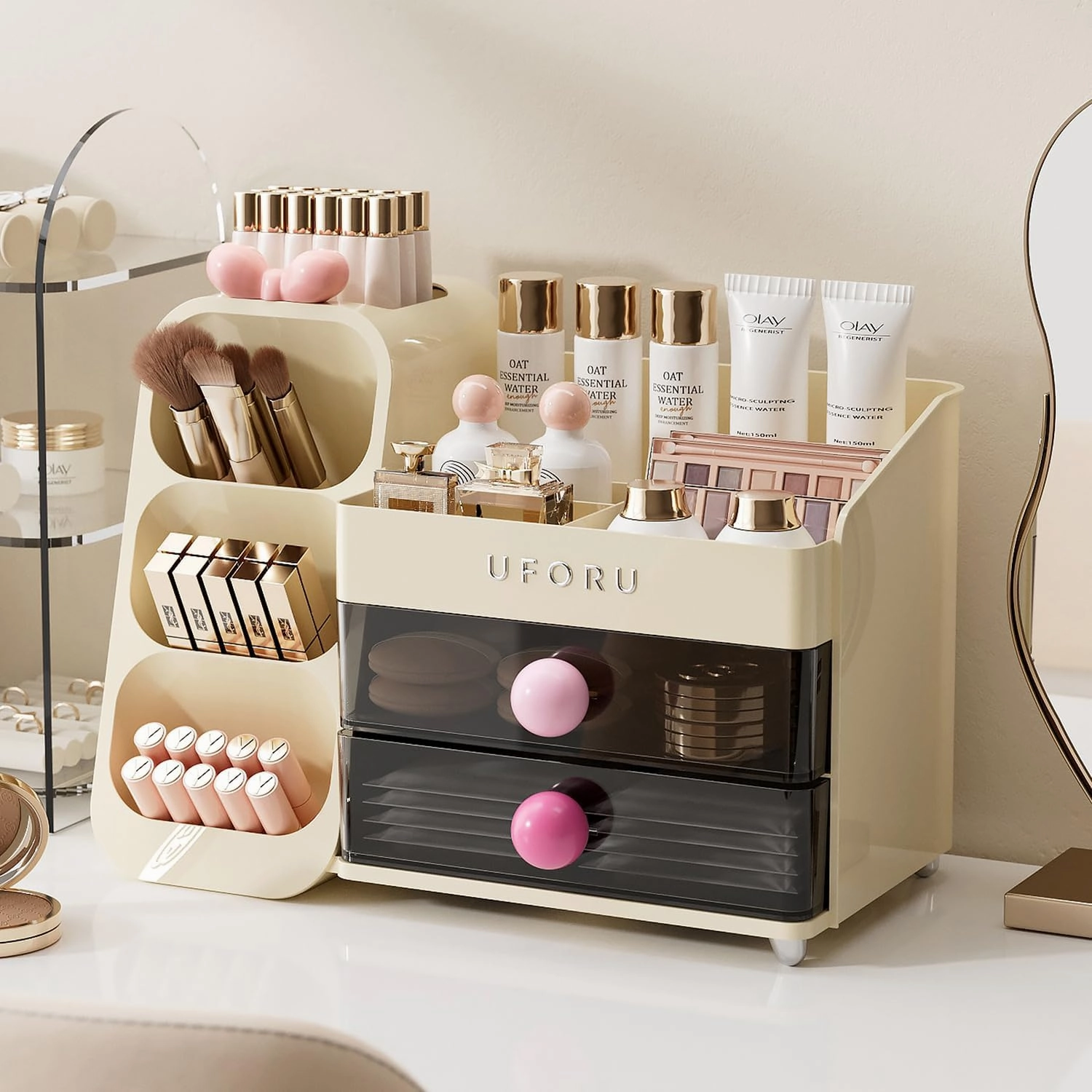 Makeup Organizer for Vanity, Countertop Organizer With Drawers, Spacious Cosmetic Display Case for Beauty Essential, Skincare, Lipstick, Cream White&Pink