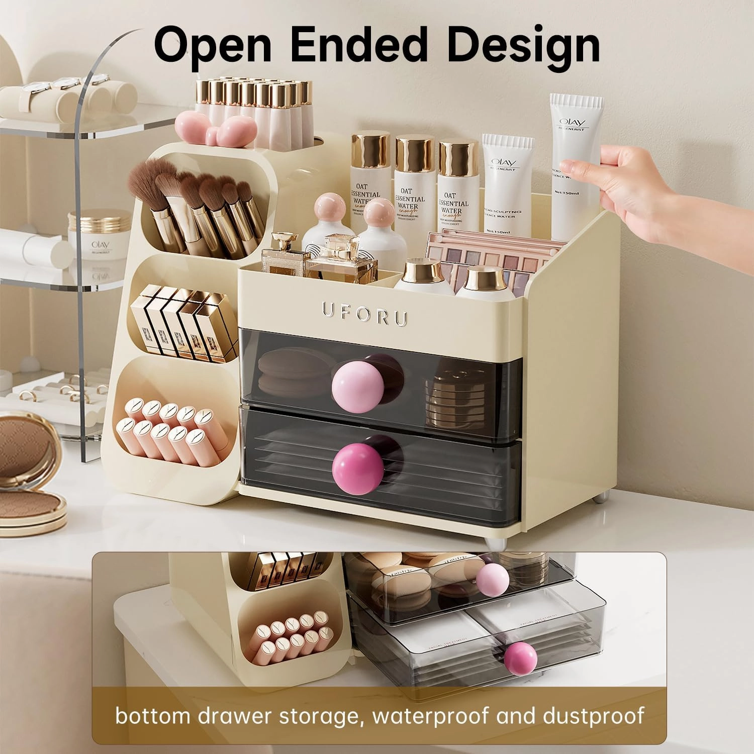 Makeup Organizer for Vanity, Countertop Organizer With Drawers, Spacious Cosmetic Display Case for Beauty Essential, Skincare, Lipstick, Cream White&Pink