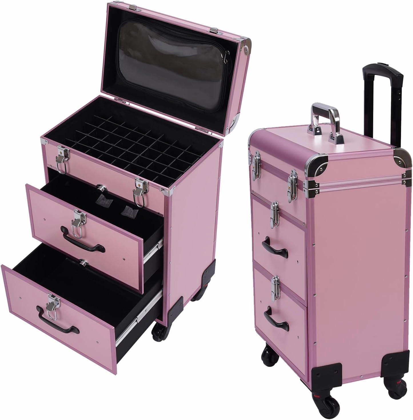 Makeup Train Case, Professional Rolling Makeup Trolley with Adjustable Dividers, Nail Polish Organizer, Jewelry Travel Cosmetic Train Case w/ 4 Wheels & Locks (Pink)