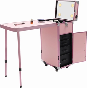 Makeup Train Case With 4 Universal Wheels,Portablel Makeup Suitcase With Drawers,Unfold Table And Makeup Mirror,Rolling Cosmetic Storage Organizer For Artist,Hairstylist,Etc (Pink)