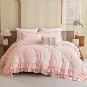 Masaca Blush Pink Comforter Set Queen,Farmhouse Shabby Boho Chic Comforter,Vintage Rustic Soft Microfiber Down Alternative Bedding Comforter Set 3PCS(1 Ruffled Comforter and 2 Pillowcases)