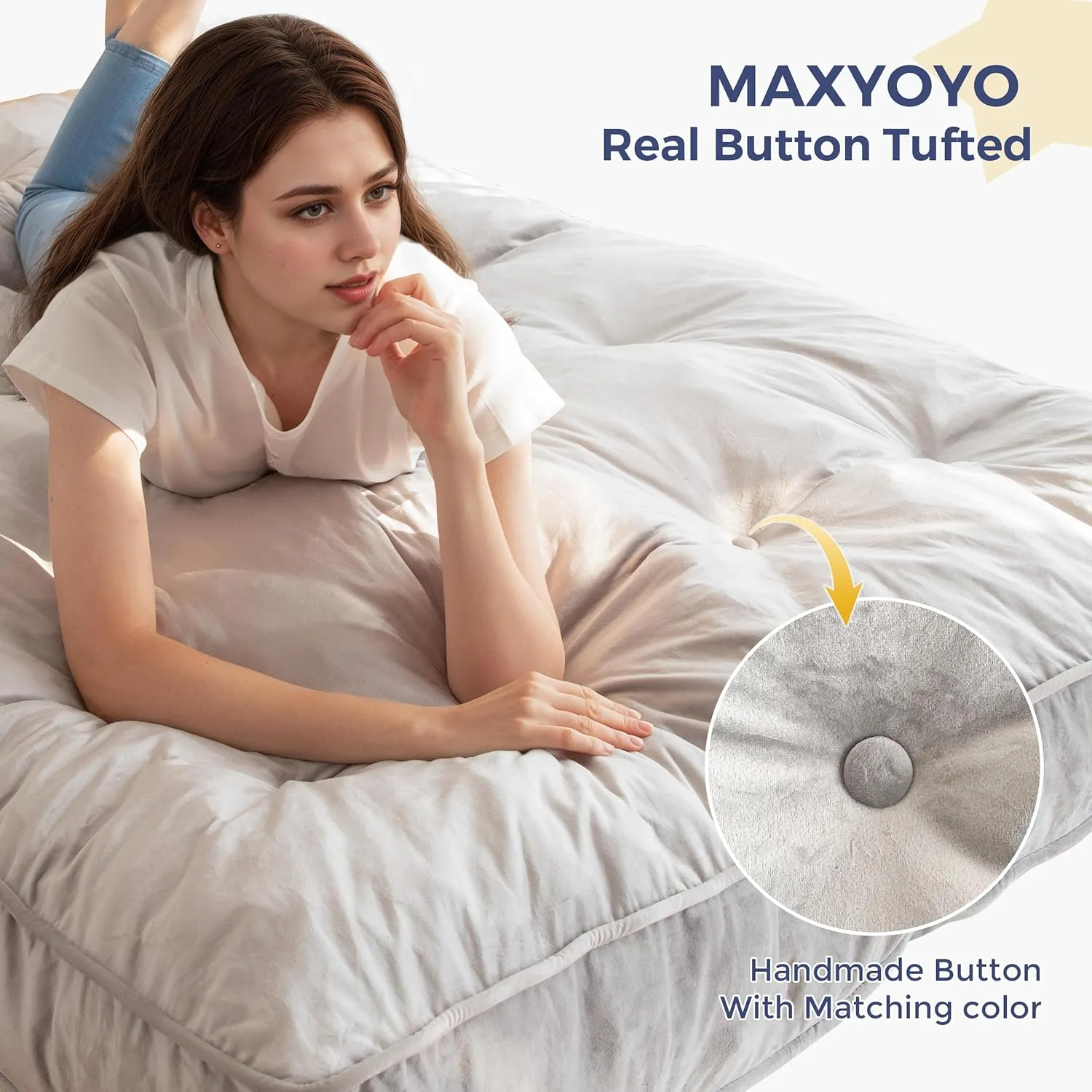 MAXYOYO 6" Futon Mattress Full Size, Velvet Thick Futons Sofa Couch Bed, Versatile Floor Mattress for Adults, Shredded Foam Filling (Frame Not Included), Grey