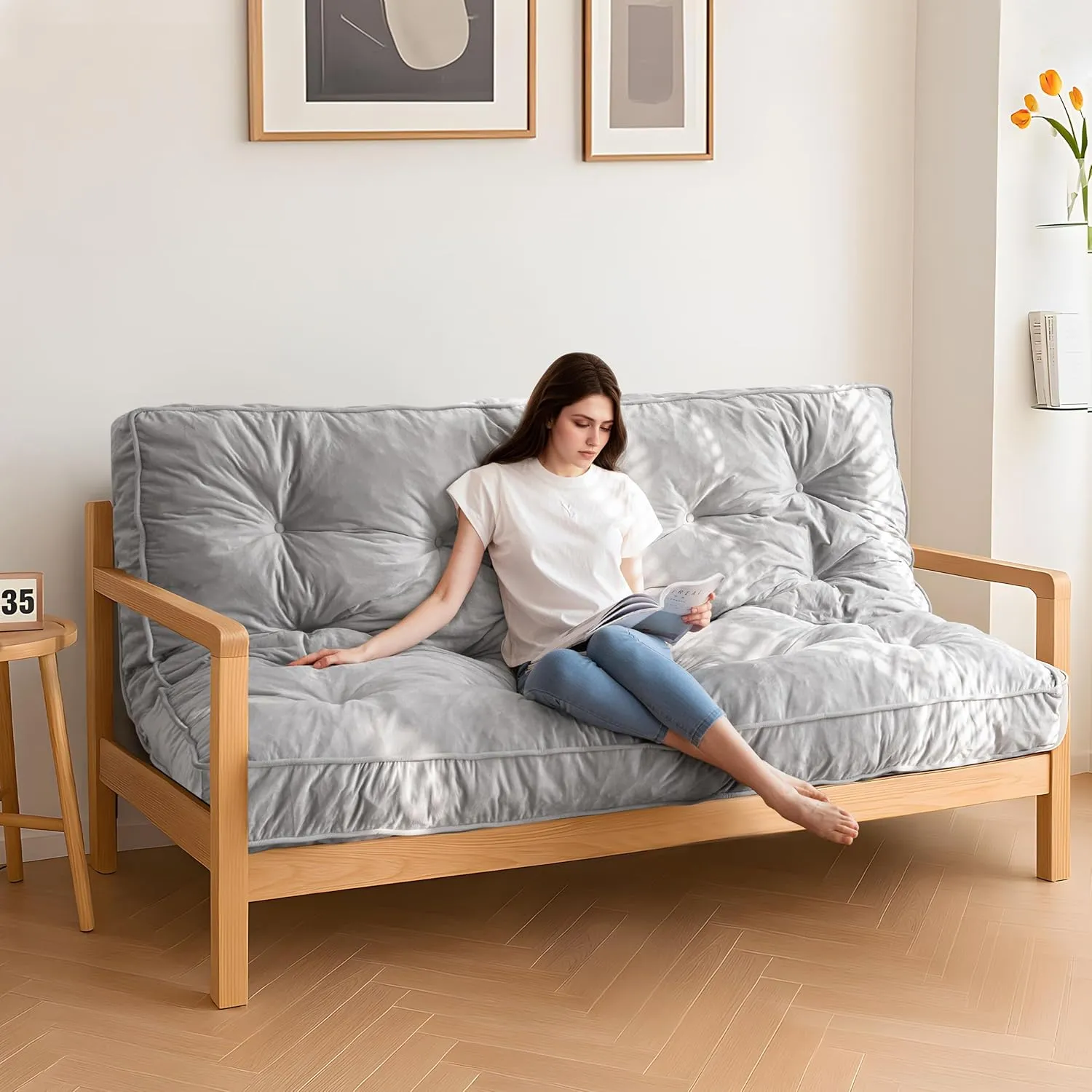 MAXYOYO 6" Futon Mattress Full Size, Velvet Thick Futons Sofa Couch Bed, Versatile Floor Mattress for Adults, Shredded Foam Filling (Frame Not Included), Grey
