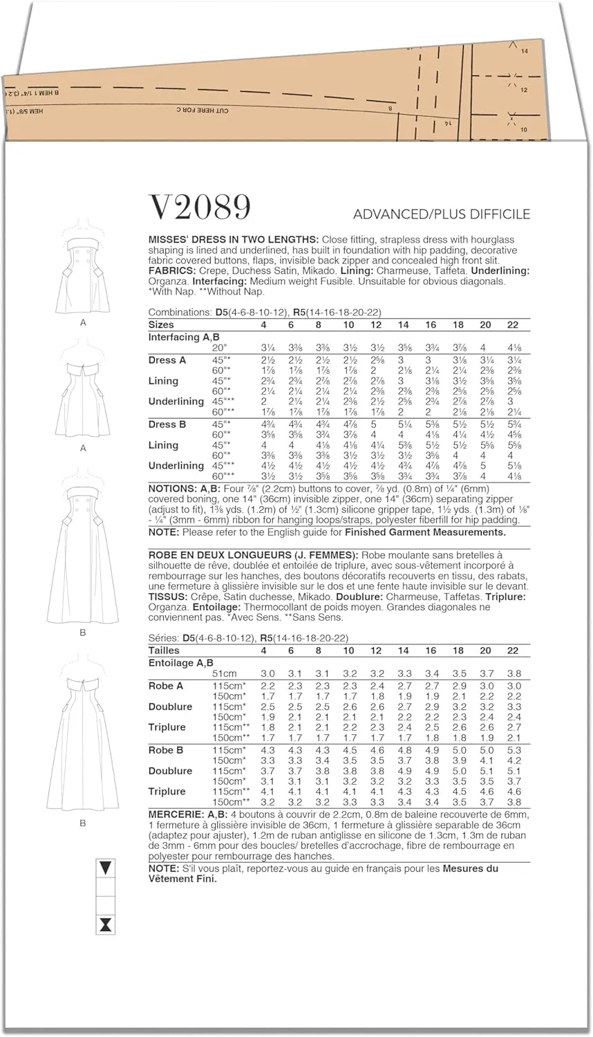 McCall's Misses' Close-Fitting Strapless Dress Sewing Pattern Packet, Design Code V2089, 4-6-8-10-12, Multicoloured