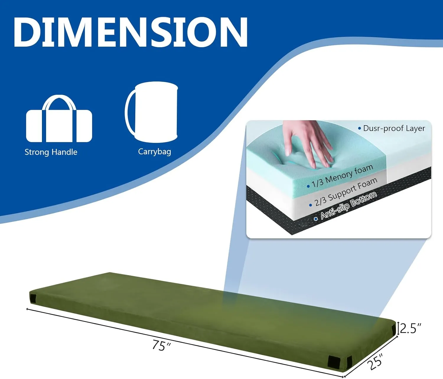 Memory Foam Camping Mattress Sleeping Pad,Portable Floor Mat,Roll Up Mattress for Adults,Camping Bed Pads for Sleeping, Guest Bed for Sleepover Car Bed with Travel Bag
