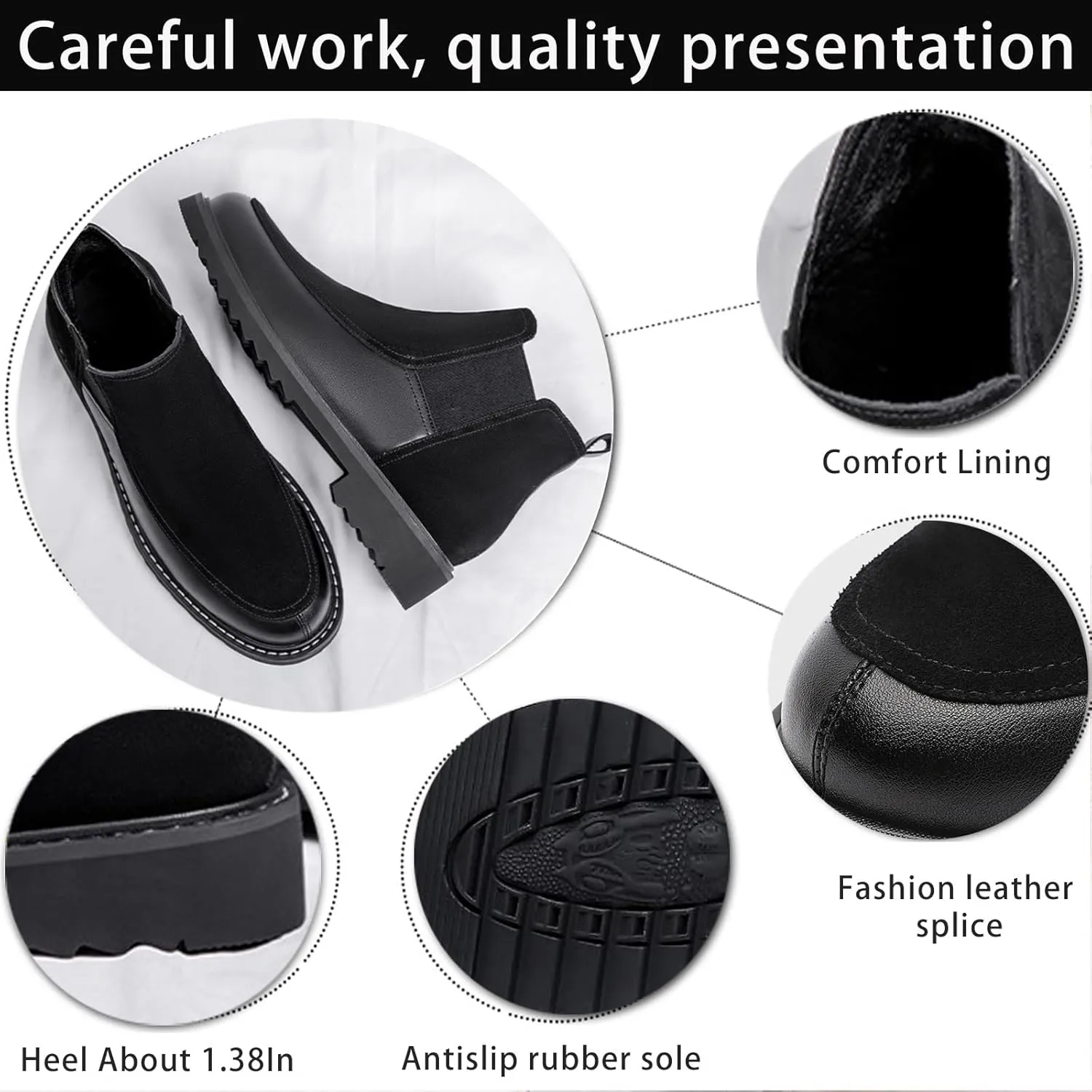 Men's Leather Suede Splice Low Heel Chelsea Boots Comfortable Round Toe Slip-On Warm Fur Lining Anti-slip Lug Sole Business Casual Ankle Boots Fall Winter Daily Work Dress Boots
