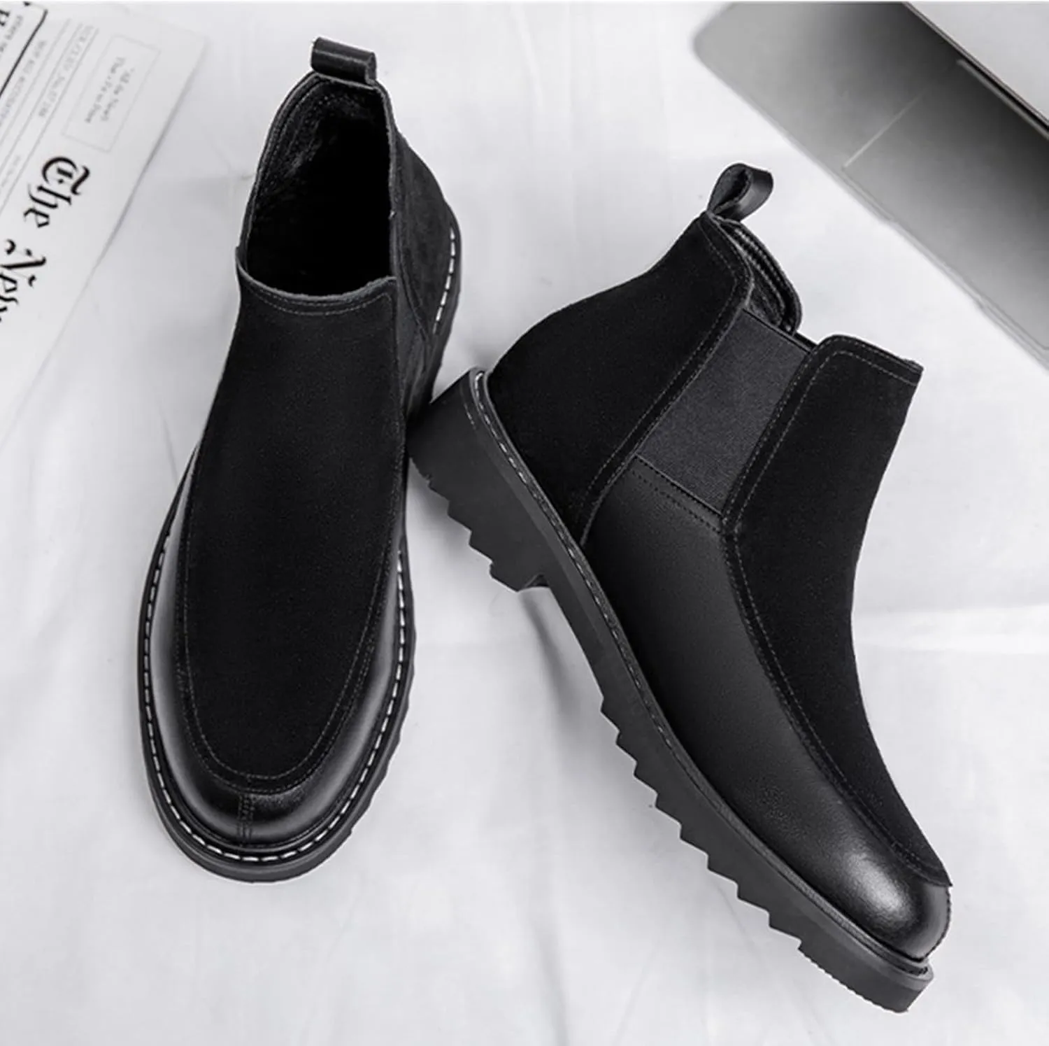 Men's Leather Suede Splice Low Heel Chelsea Boots Comfortable Round Toe Slip-On Warm Fur Lining Anti-slip Lug Sole Business Casual Ankle Boots Fall Winter Daily Work Dress Boots