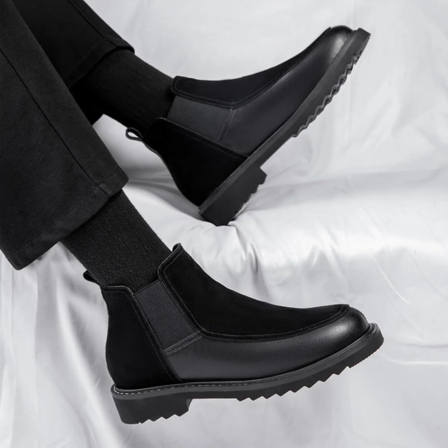 Men's Leather Suede Splice Low Heel Chelsea Boots Comfortable Round Toe Slip-On Warm Fur Lining Anti-slip Lug Sole Business Casual Ankle Boots Fall Winter Daily Work Dress Boots