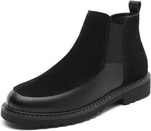 Men's Leather Suede Splice Low Heel Chelsea Boots Comfortable Round Toe Slip-On Warm Fur Lining Anti-slip Lug Sole Business Casual Ankle Boots Fall Winter Daily Work Dress Boots