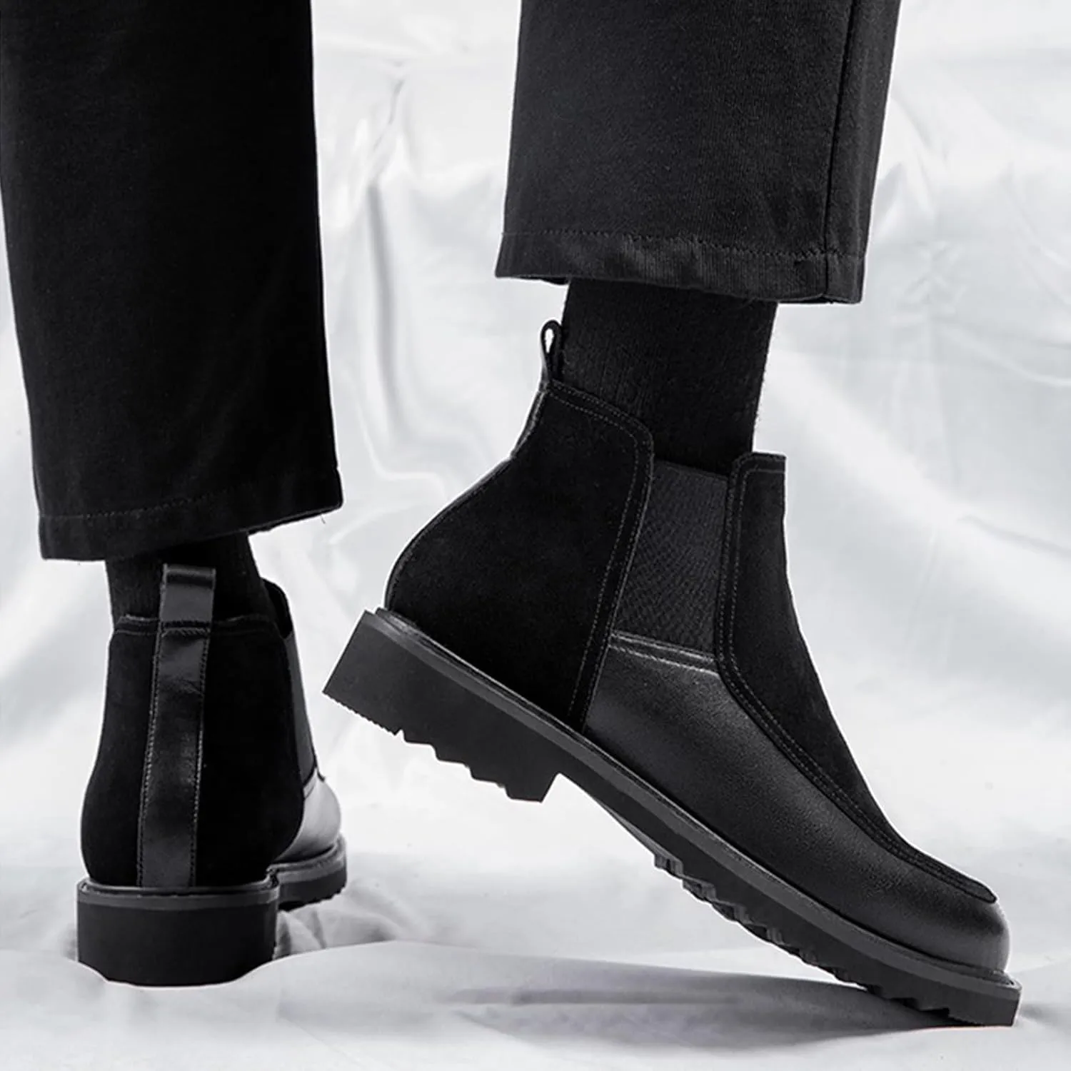 Men's Leather Suede Splice Low Heel Chelsea Boots Comfortable Round Toe Slip-On Warm Fur Lining Anti-slip Lug Sole Business Casual Ankle Boots Fall Winter Daily Work Dress Boots