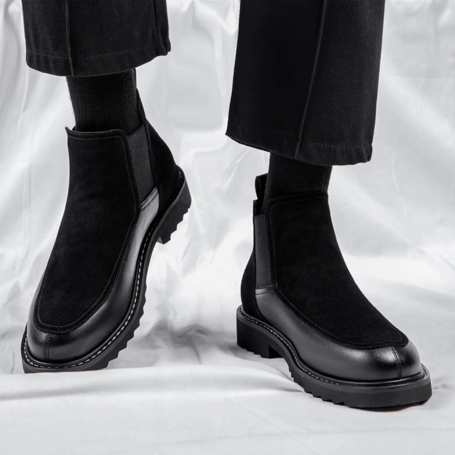 Men's Leather Suede Splice Low Heel Chelsea Boots Comfortable Round Toe Slip-On Warm Fur Lining Anti-slip Lug Sole Business Casual Ankle Boots Fall Winter Daily Work Dress Boots