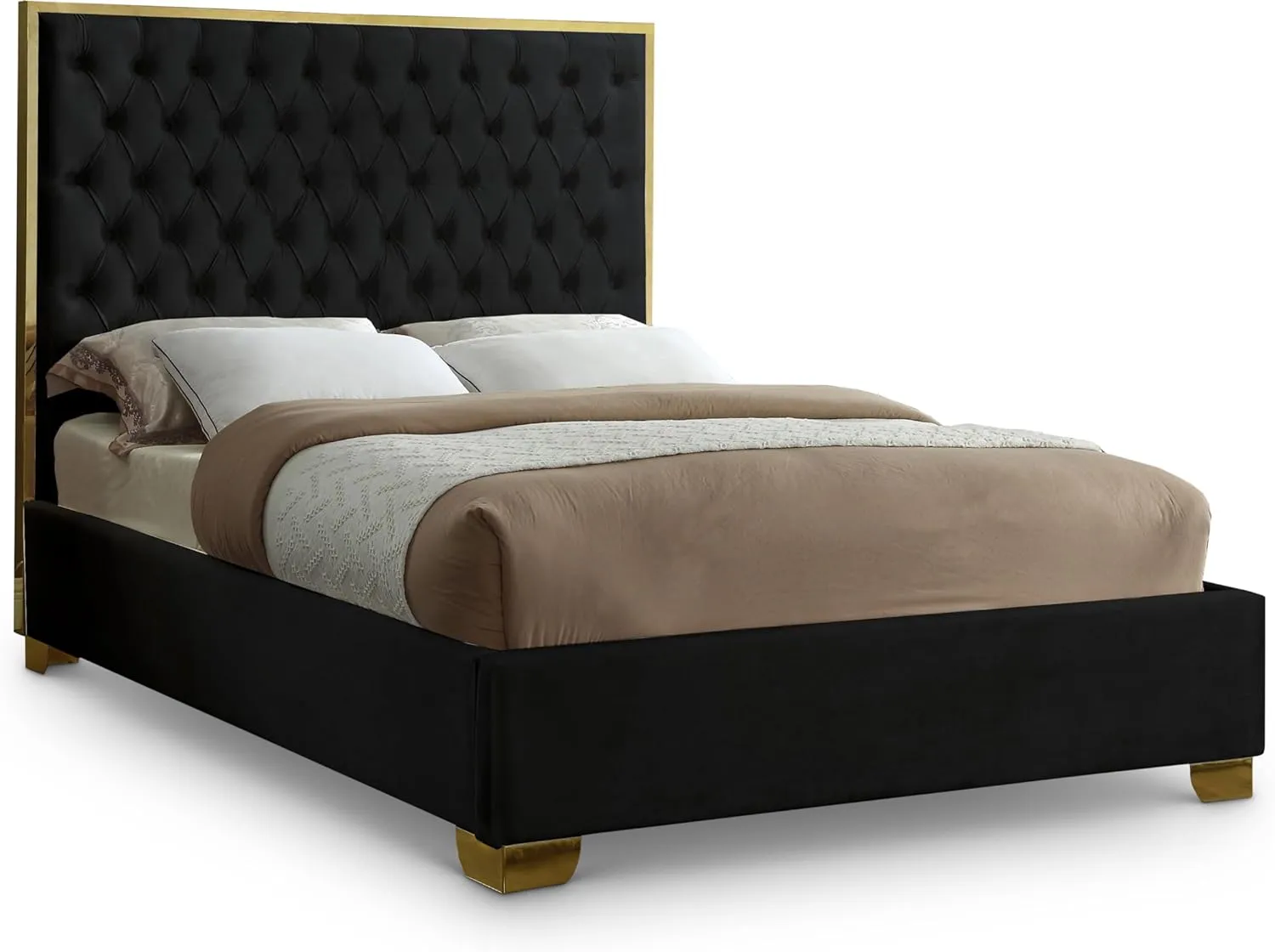 Meridian Furniture Lana Collection Modern | Contemporary Velvet Upholstered Bed with Deep Detailed Tufting and Gold Legs, King, Black
