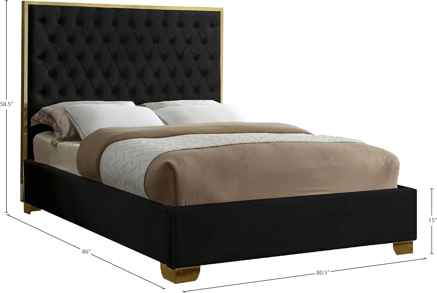 Meridian Furniture Lana Collection Modern | Contemporary Velvet Upholstered Bed with Deep Detailed Tufting and Gold Legs, King, Black