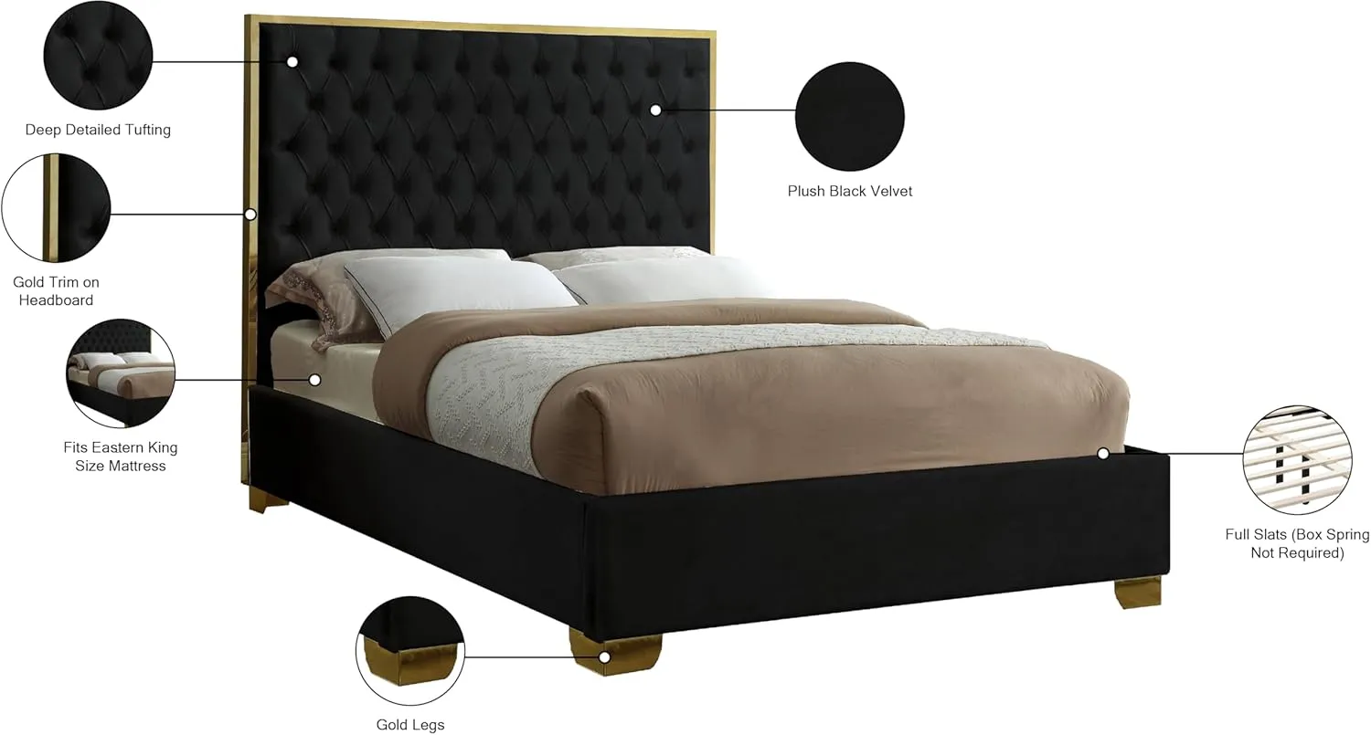 Meridian Furniture Lana Collection Modern | Contemporary Velvet Upholstered Bed with Deep Detailed Tufting and Gold Legs, King, Black