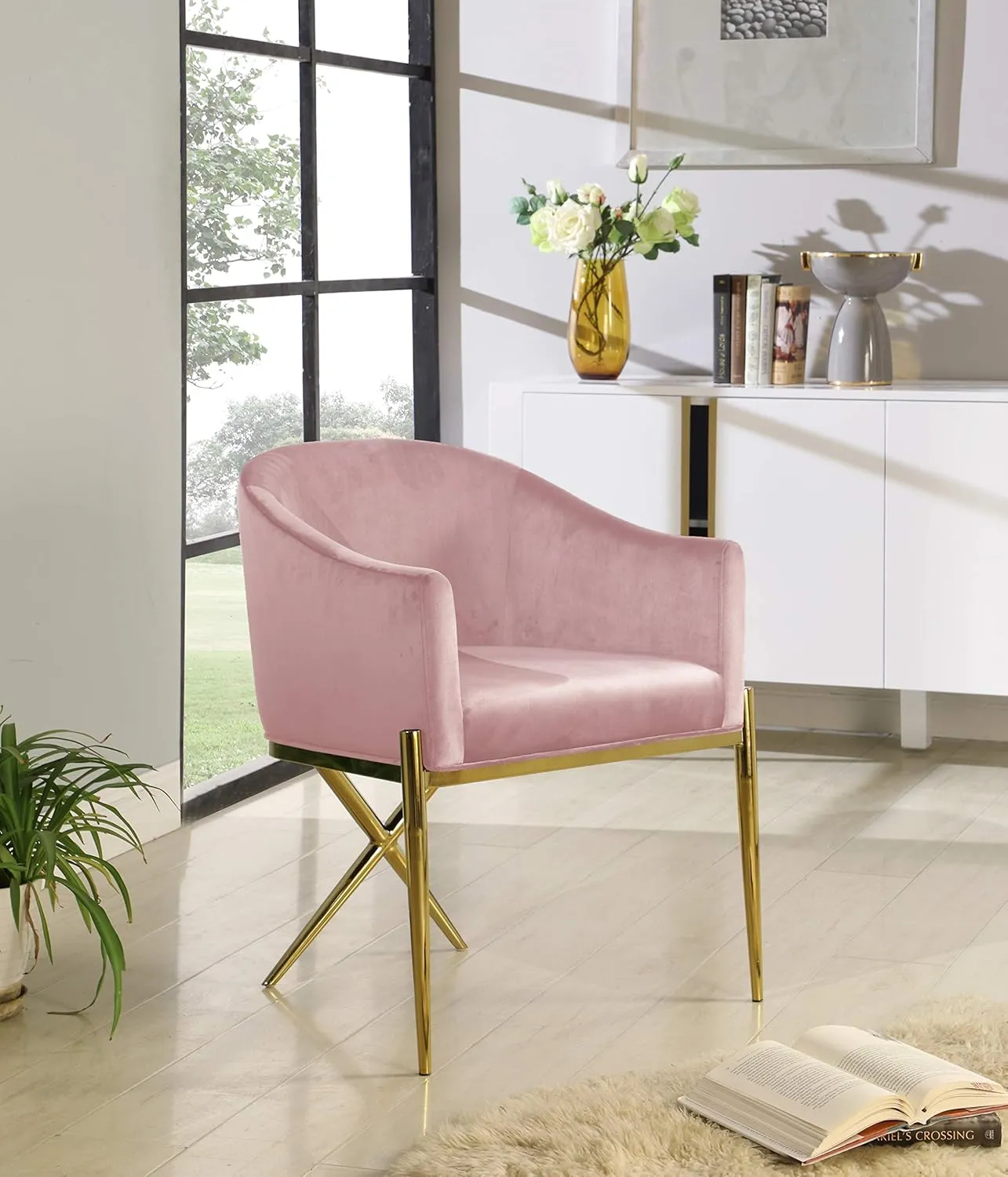 Meridian Furniture Xavier Collection Modern | Contemporary Velvet Upholstered Dining Chair with Sturdy Steel X Shaped Legs, 25.5" W x 24.5" D x 31.5" H, Pink