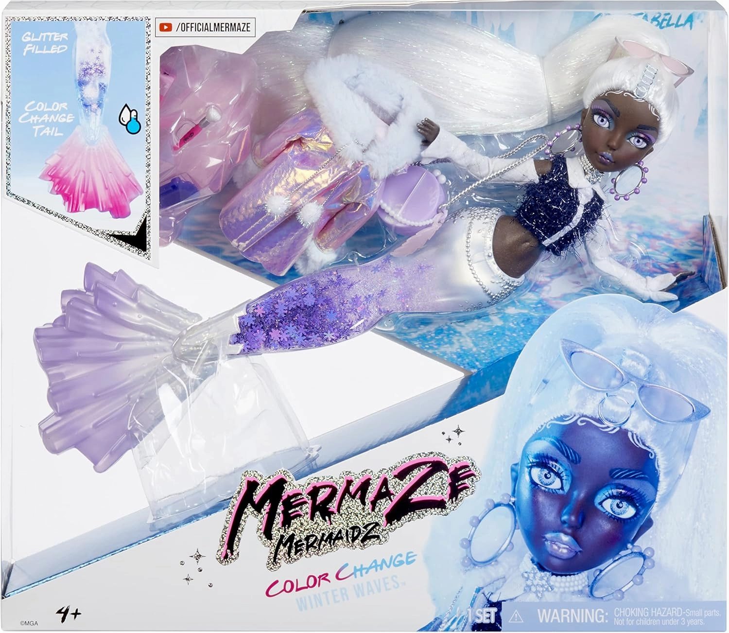 MERMAZE MERMAIDZ™ Winter Waves Crystabella™ Mermaid Fashion Doll with Color Change Fin, Glitter-Filled Tail and Accessories