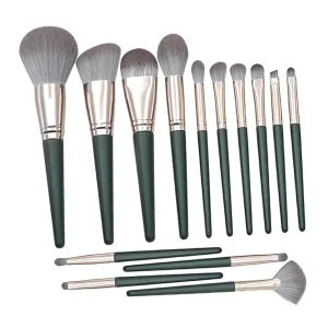 MERRYHAPY 14pcs Professional Makeup Brush Set Wooden Handles Blackish Green Cosmetic Tools for Daily and for Foundation Eyeshadow and Blending