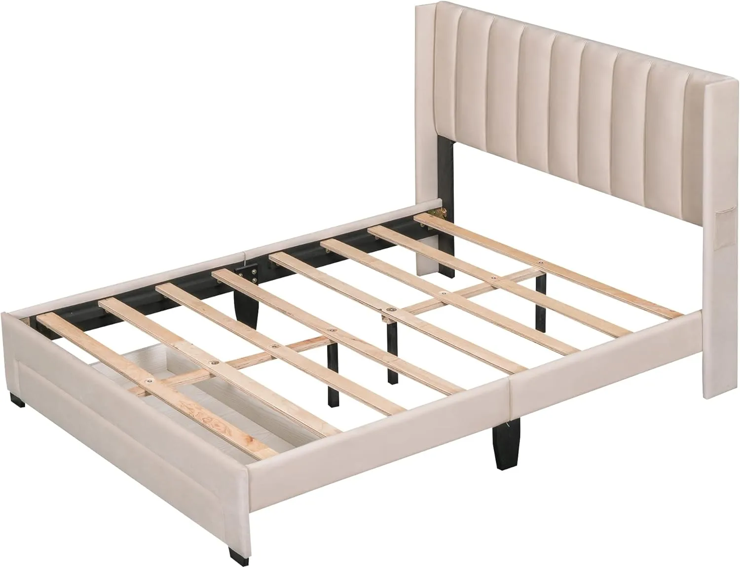 MhaRt Upholstered Full Size Platform Bed Frame with Headboard and a Big Drawer, Velvet Mattress Foundation with Wooden Slats Support, No Box Spring Needed - Blue,Modern Style, Beige, xx-921