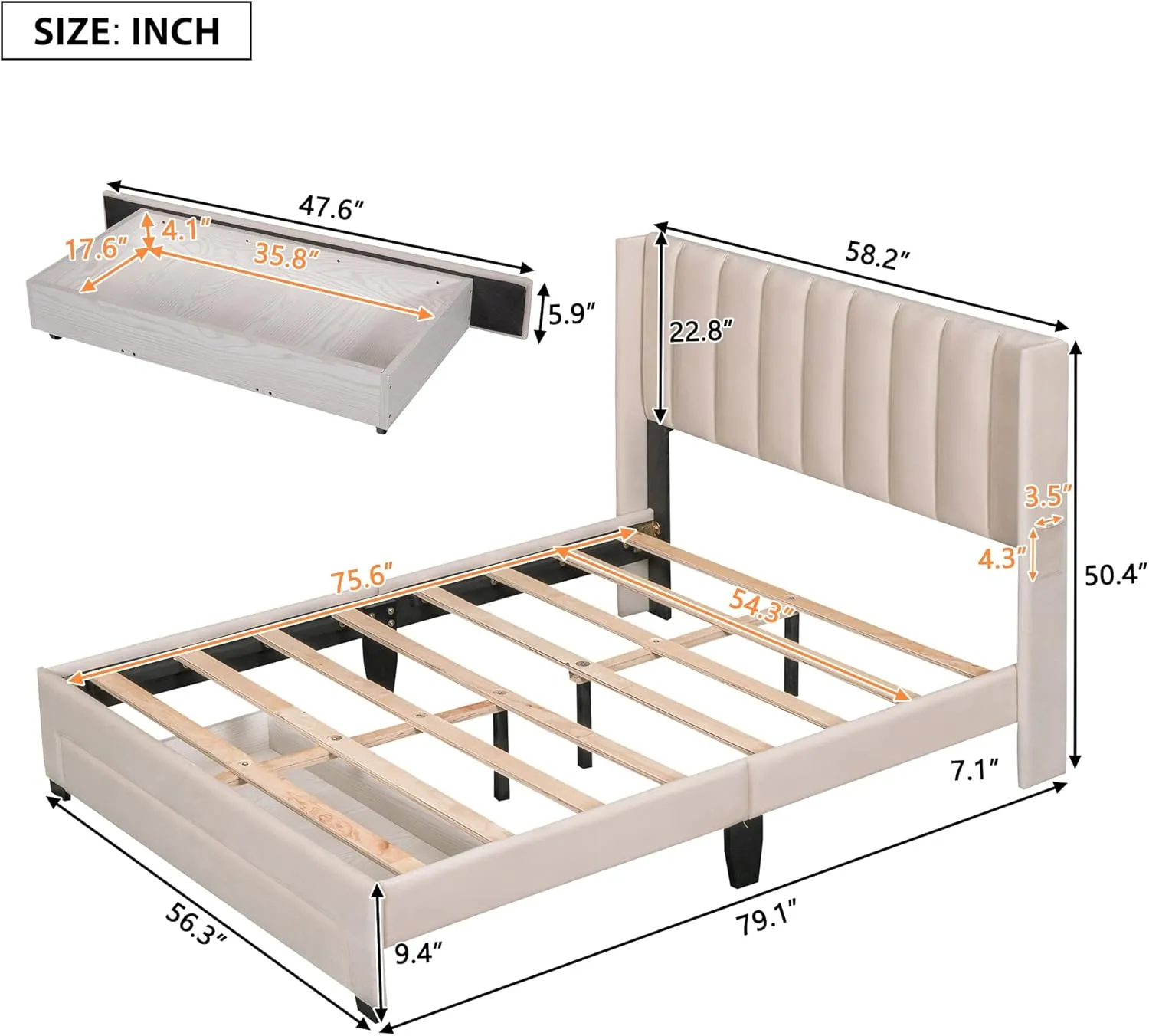 MhaRt Upholstered Full Size Platform Bed Frame with Headboard and a Big Drawer, Velvet Mattress Foundation with Wooden Slats Support, No Box Spring Needed - Blue,Modern Style, Beige, xx-921