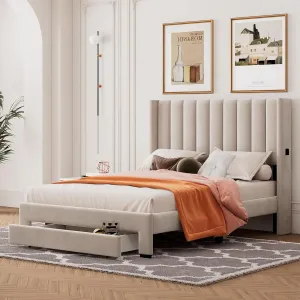 MhaRt Upholstered Full Size Platform Bed Frame with Headboard and a Big Drawer, Velvet Mattress Foundation with Wooden Slats Support, No Box Spring Needed - Blue,Modern Style, Beige, xx-921