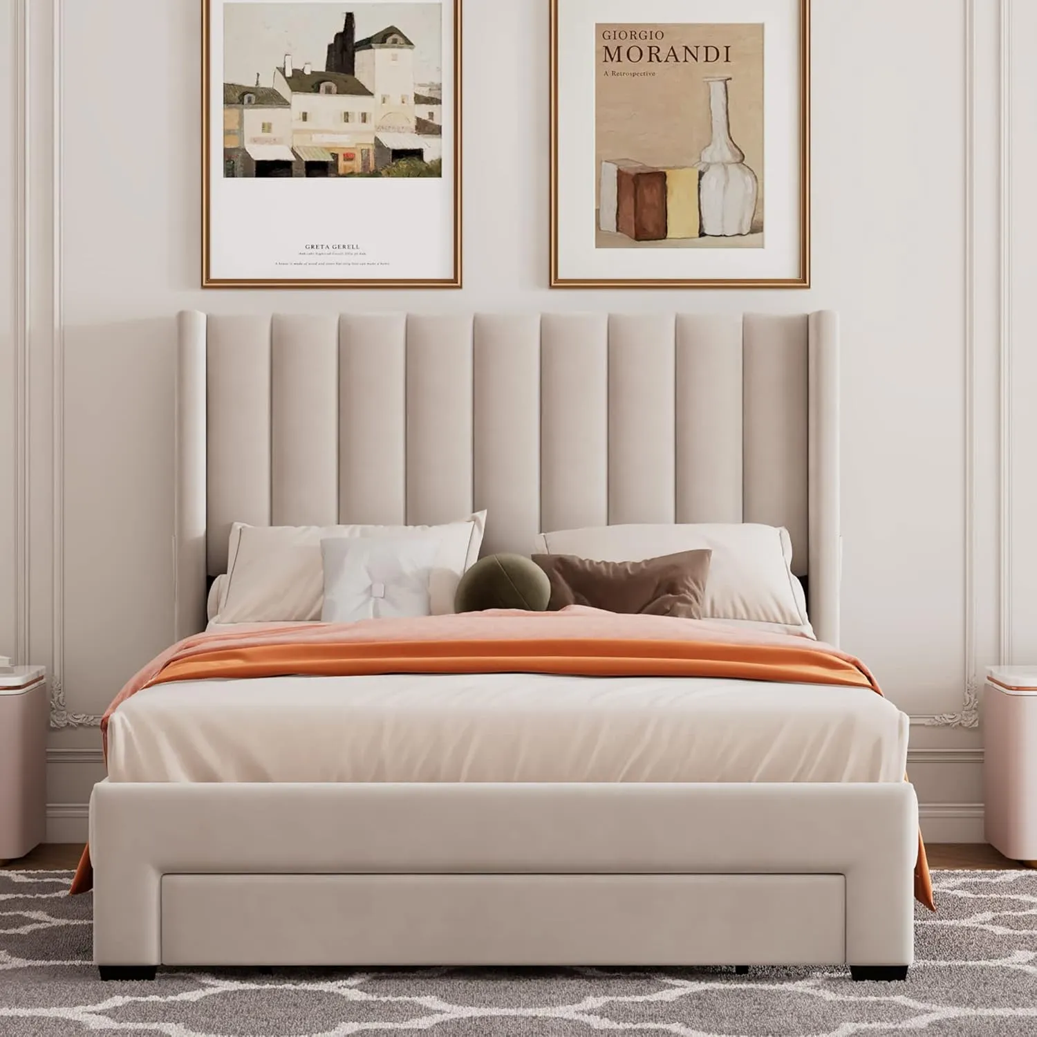MhaRt Upholstered Full Size Platform Bed Frame with Headboard and a Big Drawer, Velvet Mattress Foundation with Wooden Slats Support, No Box Spring Needed - Blue,Modern Style, Beige, xx-921