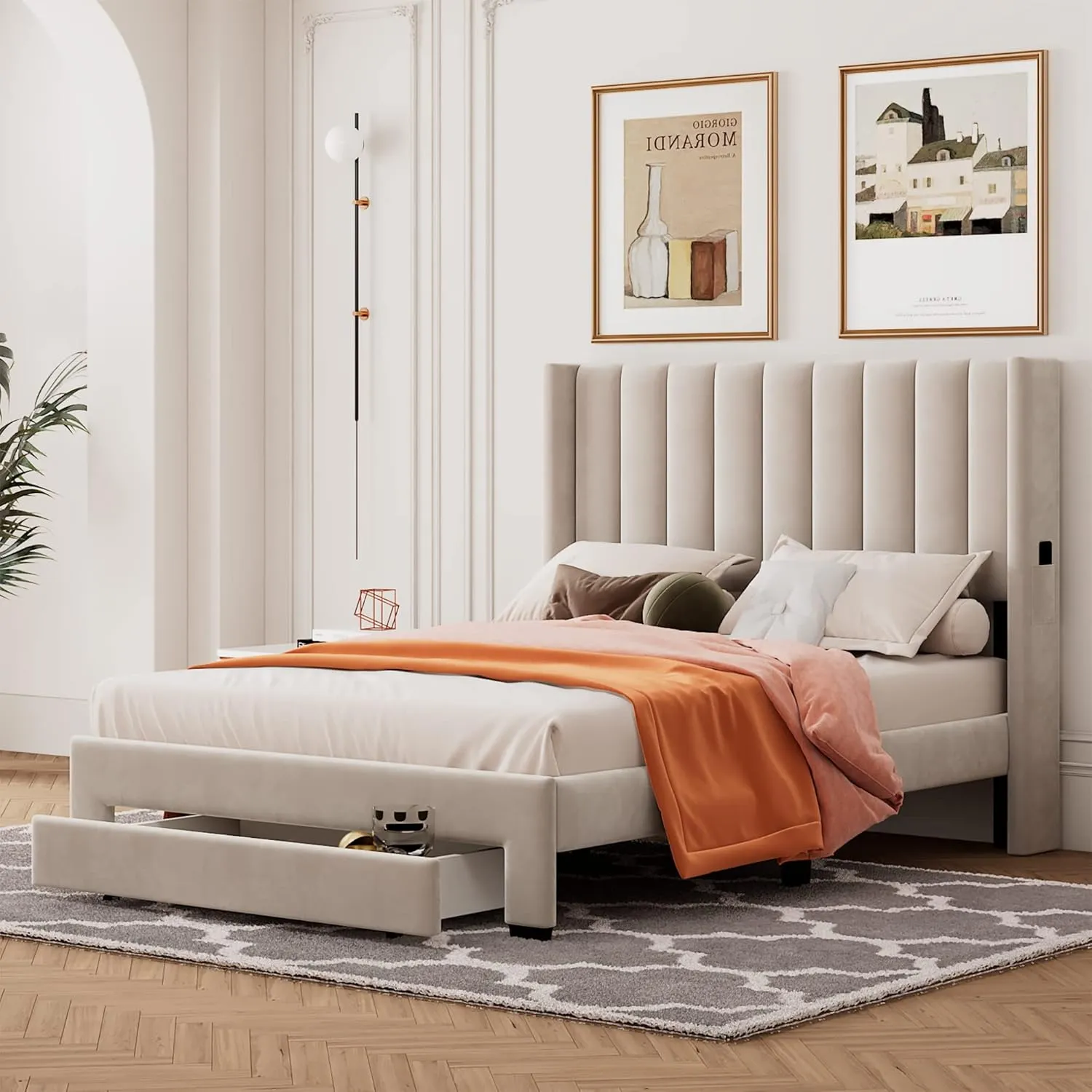 MhaRt Upholstered Full Size Platform Bed Frame with Headboard and a Big Drawer, Velvet Mattress Foundation with Wooden Slats Support, No Box Spring Needed - Blue,Modern Style, Beige, xx-921