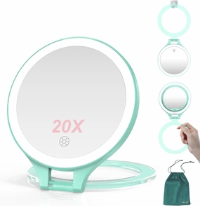 Mocado Travel Makeup Mirror with Light, 1X/20X Magnifying Mirror with Light, Double Sides Travel Mirror with 3 Color Light, Dimmable Touch, 1500mAh Rechargeable Lighted Makeup Mirror(Green)