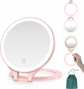 Mocado Travel Makeup Mirror with Light, 1X/20X Magnifying Mirror with Light, Double Sides Travel Mirror with 3 Color Light, Dimmable Touch, 1500mAh Rechargeable Lighted Makeup Mirror(Pink)