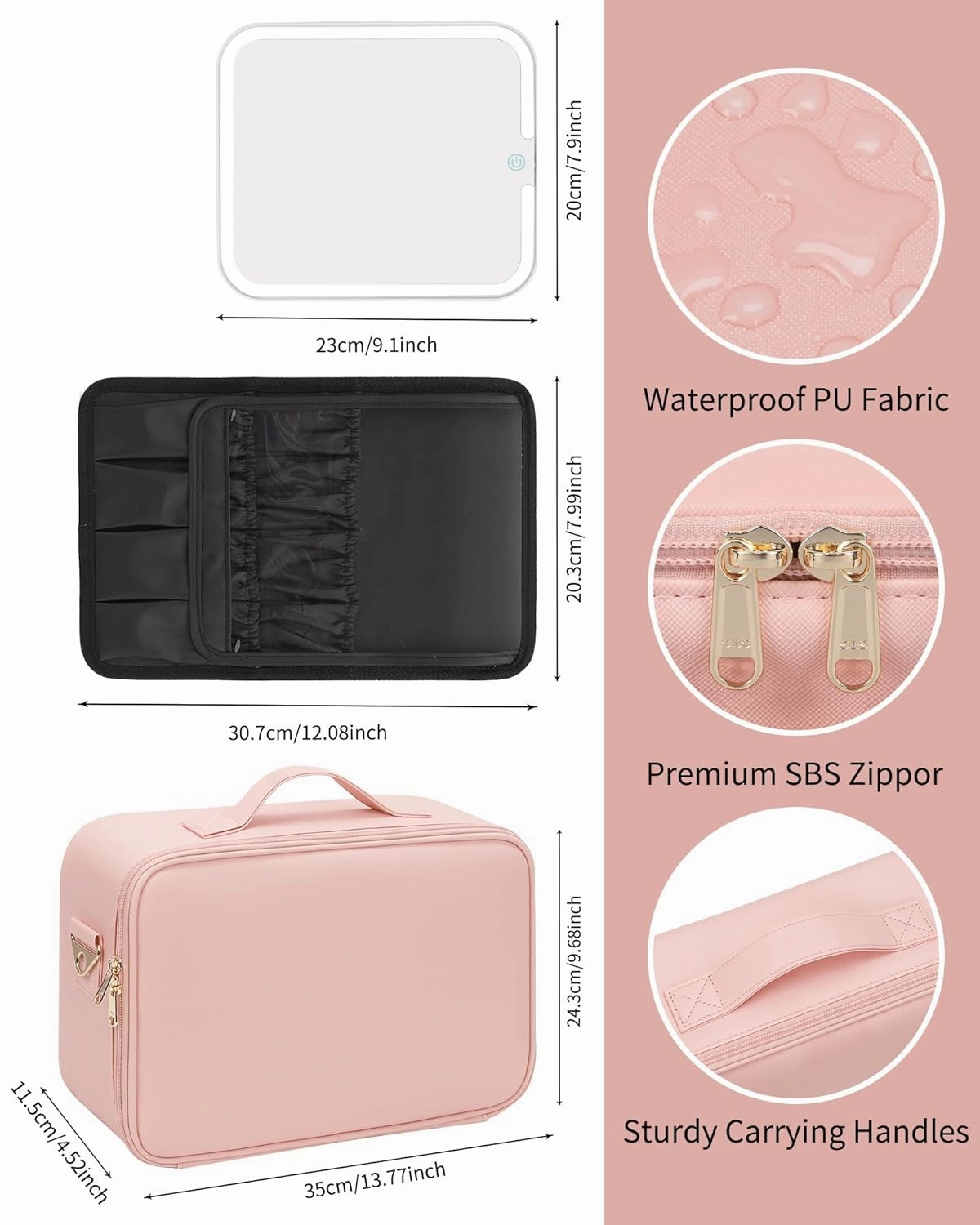 MONSTINA Makeup Bag with LED Mirror,Lighted Make up Travel Case Cosmetic Bag Professional Cosmetic Artist Organizer with LED Light Mirror,3 Adjustable Brightness for Girls and Women,Middle Pink