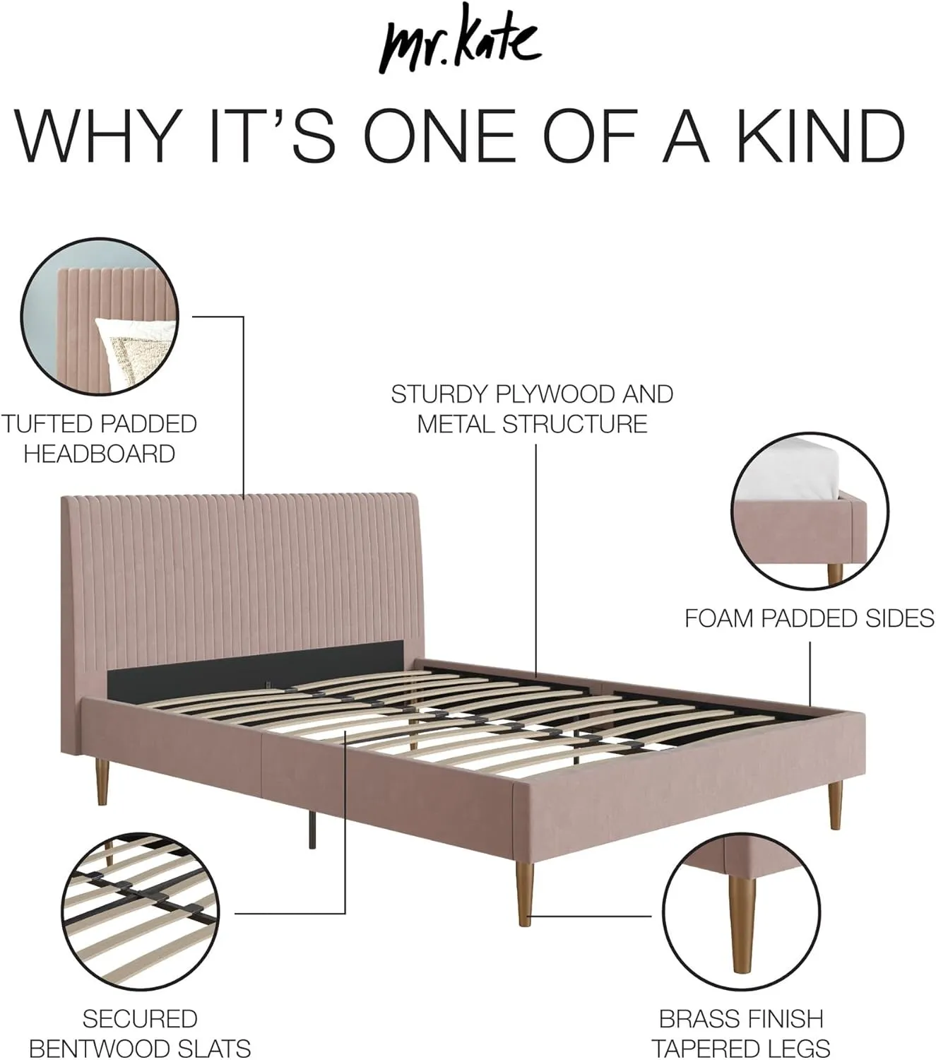 Mr. Kate Daphne Upholstered Full Bed Frame with Headboard, Modern Platform Velvet Full Bed Frame, Blush Velvet