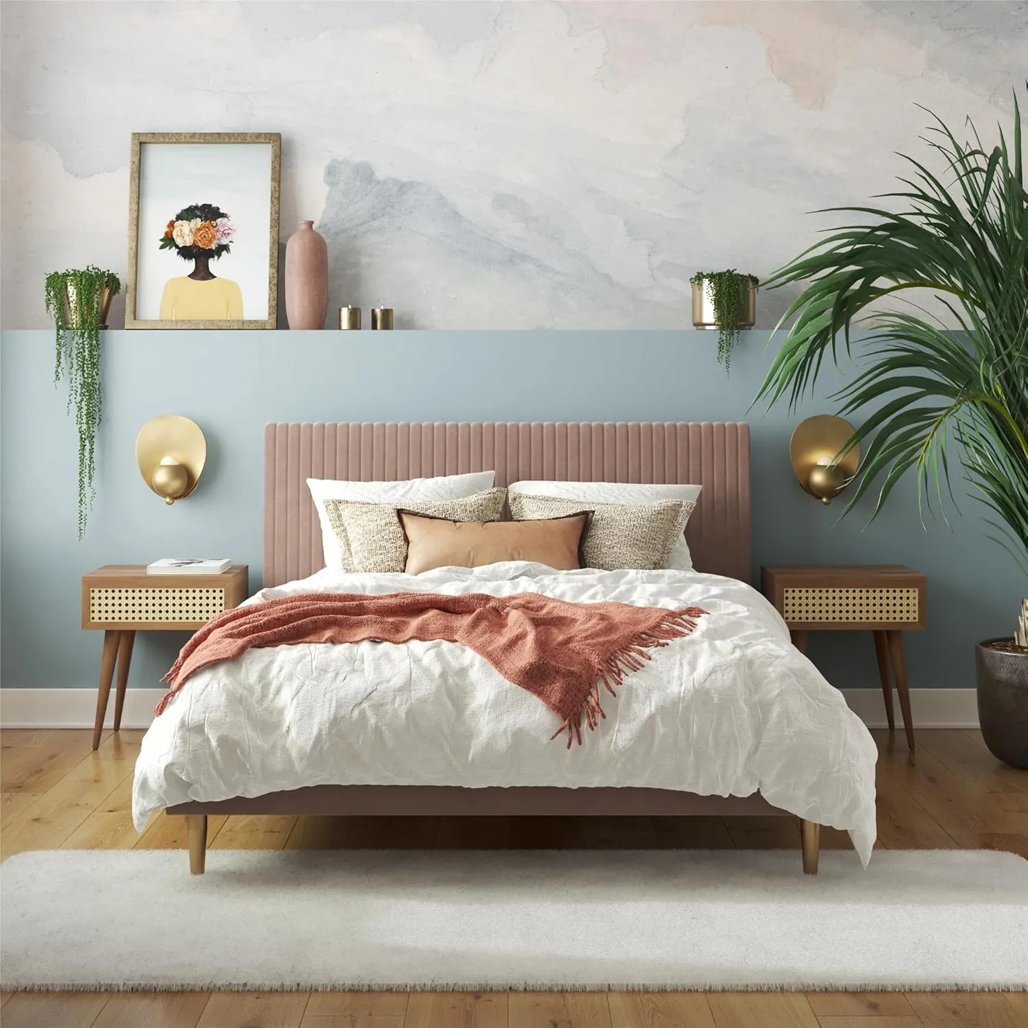 Mr. Kate Daphne Upholstered Full Bed Frame with Headboard, Modern Platform Velvet Full Bed Frame, Blush Velvet