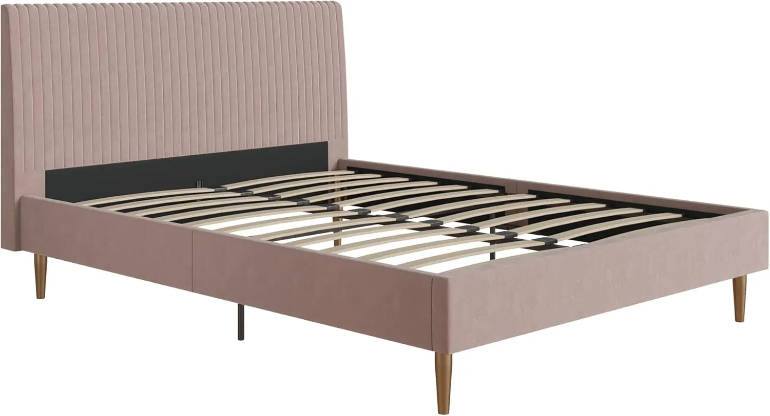 Mr. Kate Daphne Upholstered Full Bed Frame with Headboard, Modern Platform Velvet Full Bed Frame, Blush Velvet