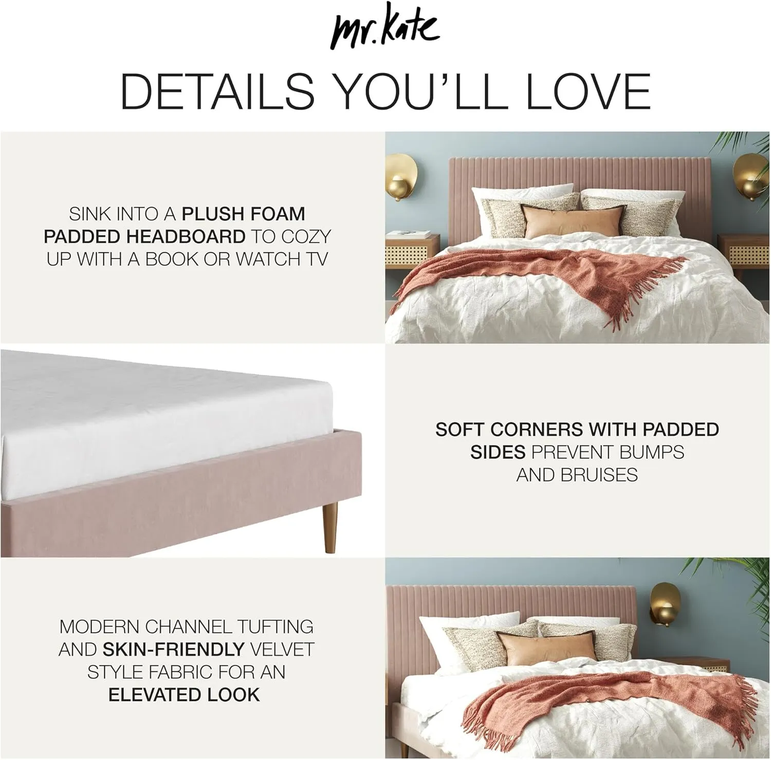 Mr. Kate Daphne Upholstered Full Bed Frame with Headboard, Modern Platform Velvet Full Bed Frame, Blush Velvet